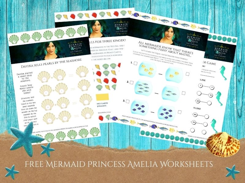 Maxine Foti’s Mermaid Princess Amelia Mathematical and Counting Game Pages (Free Printable Mermaid Worksheets for Kids, Parents and Teachers)